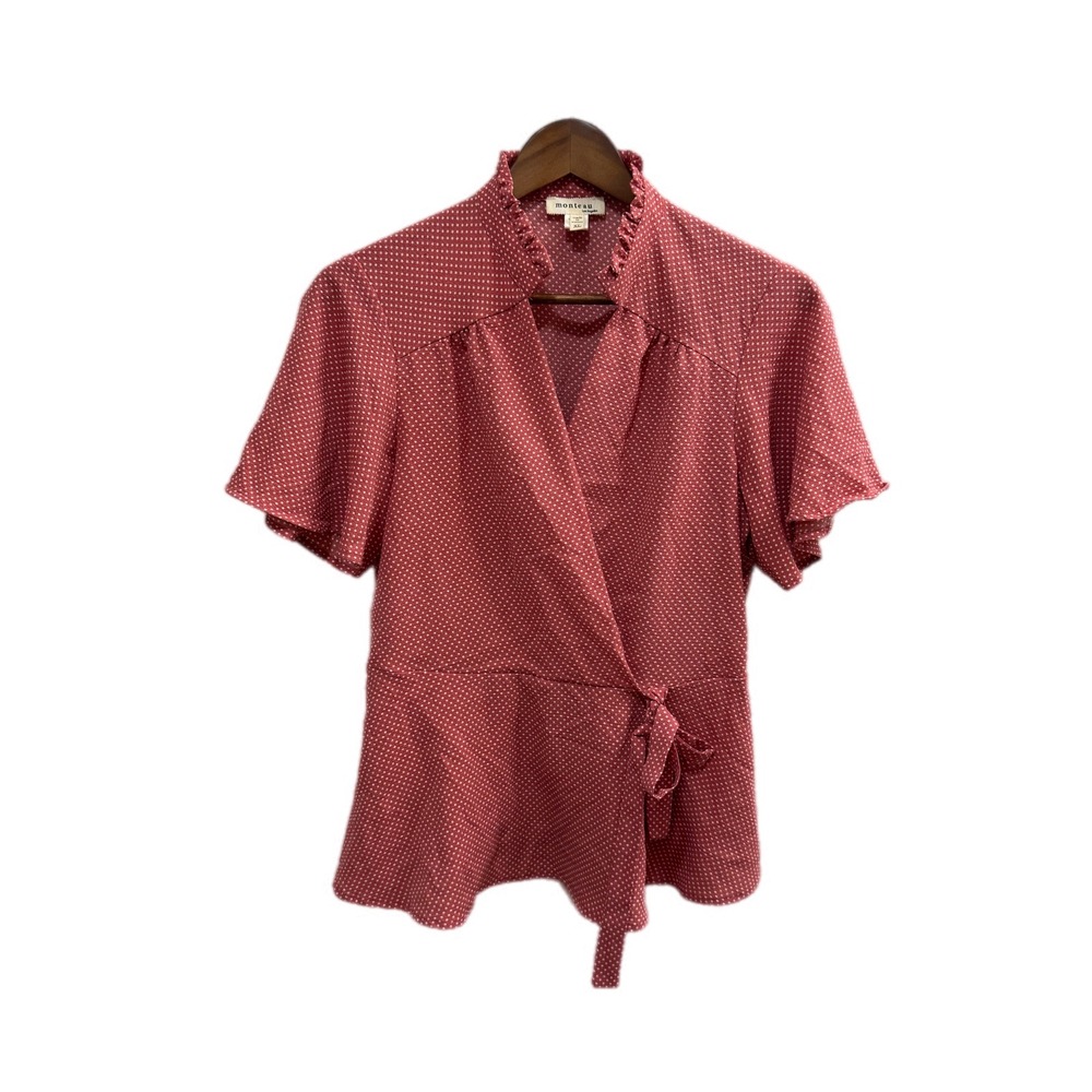 Monteau Wrap Blouse Womens XL Red Polka Dot Excellent Ruffle Neck Flutter Sleeve